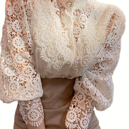 Ladies' Victorian-style Pearl Button Shirt, Lace Puff Sleeve Cute Commuter Casual Top