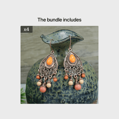 1 Pair Vintage Champagne Geometric Hollow Pendant Turquoise Beaded Tassel Earrings