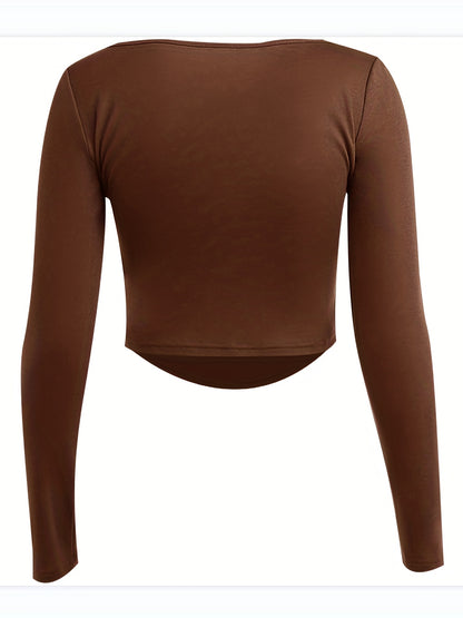 Solid Square Neck Crop T-Shirt, Y2K Long Sleeve Skinny Tee For Spring & Summer, Women's Clothing