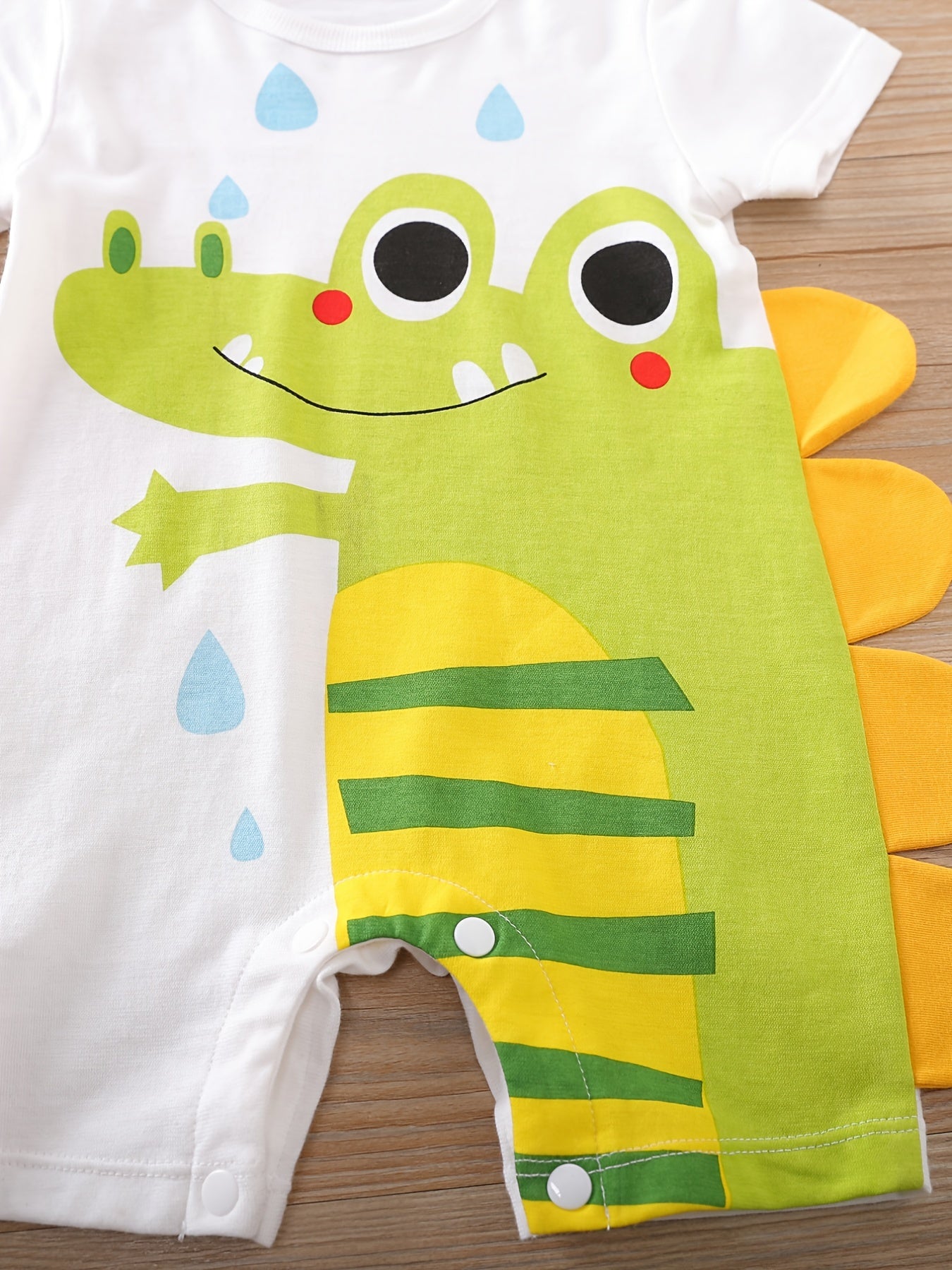 Baby Boys' Short Sleeve Romper Jumpsuit - Cute Cartoon Crocodile Print, White & Blue Trim, Breathable Summer Outfit, Easy Hand Wash Care, Regular Fit Infant Clothing, Baby Boy Outfits, Spring Infant Wear, Soft Texture Materia