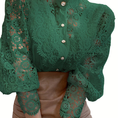 Ladies' Victorian-style Pearl Button Shirt, Lace Puff Sleeve Cute Commuter Casual Top