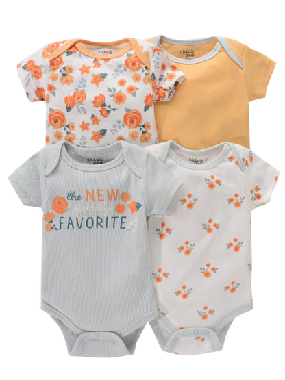 Newborn Baby Short Sleeve One-Piece Suit 4pcs Set with Alphabet Print and Embroidery Triangle Climbing Suit Ha Clothes Set 0-9 Months Baby Clothes