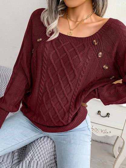 Women's Sweater Round Neck Texture Button Lantern Sleeve Sweater