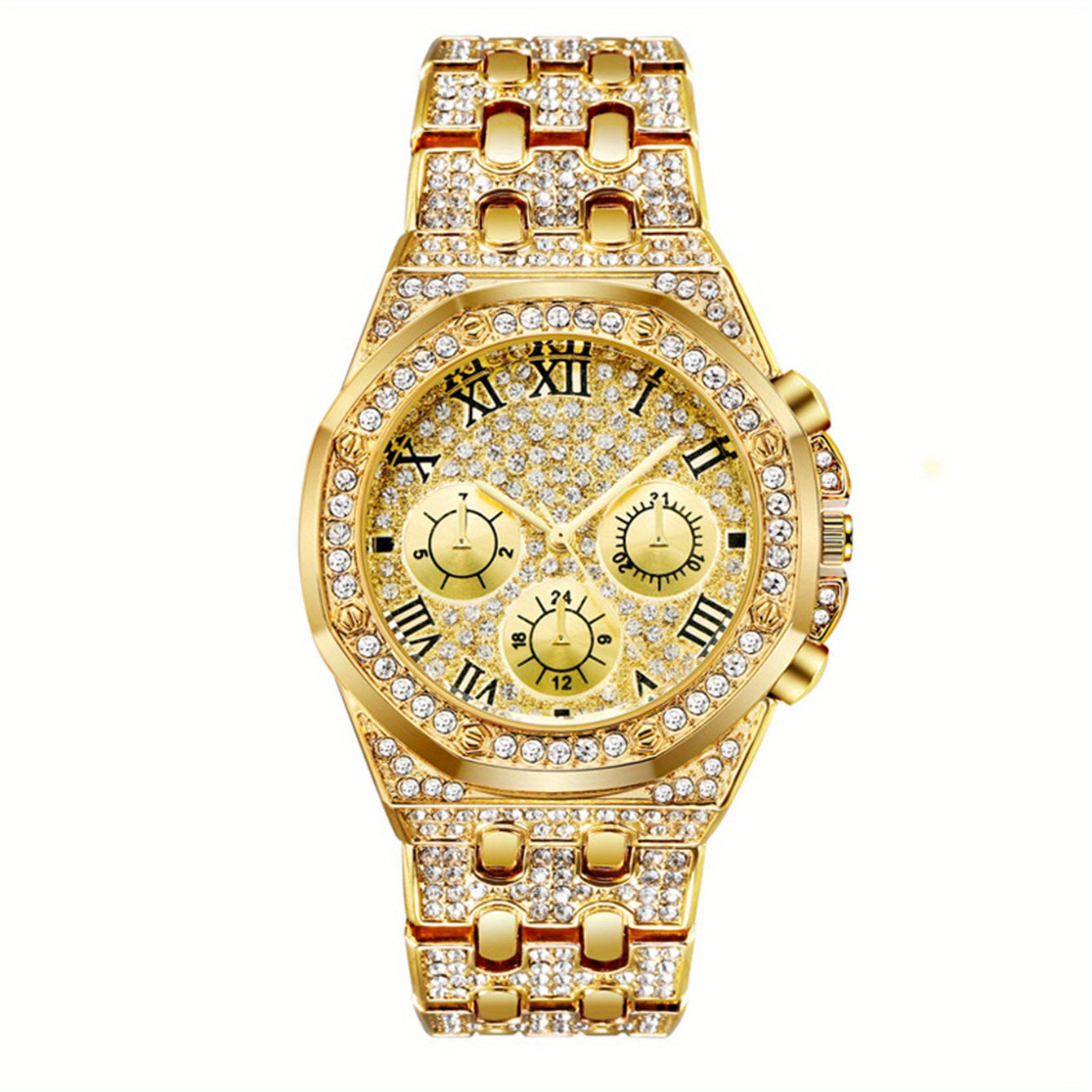 Luxury Golden-Tone Women's Rhinestone Watch with Roman Numerals, Quartz Movement, and Sparkling Bezel - Elegant Business Style Analog Display, Formal Timepiece | Classic Elegance | Durable Bracelet