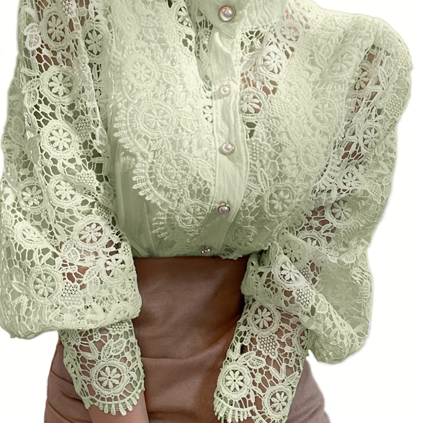 Ladies' Victorian-style Pearl Button Shirt, Lace Puff Sleeve Cute Commuter Casual Top