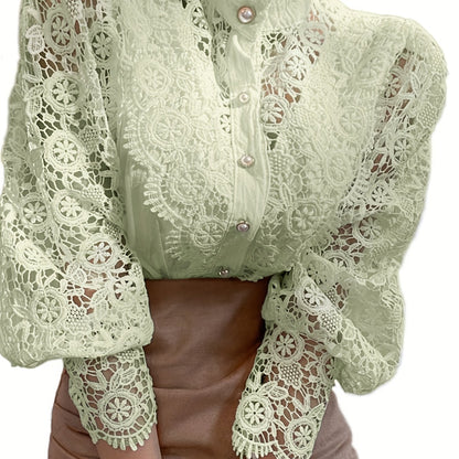 Ladies' Victorian-style Pearl Button Shirt, Lace Puff Sleeve Cute Commuter Casual Top