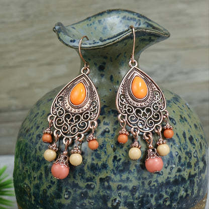 1 Pair Vintage Champagne Geometric Hollow Pendant Turquoise Beaded Tassel Earrings