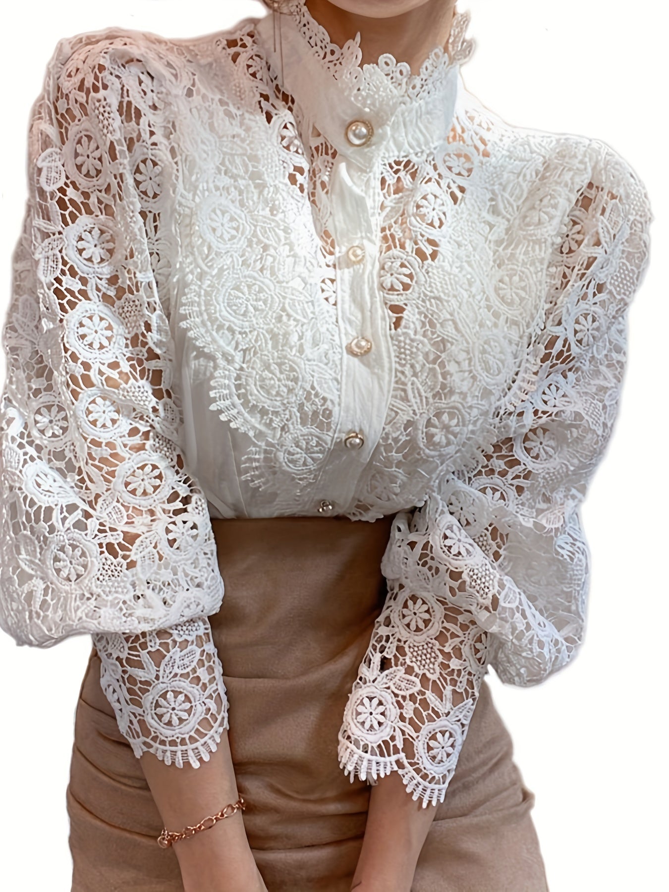 Ladies' Victorian-style Pearl Button Shirt, Lace Puff Sleeve Cute Commuter Casual Top