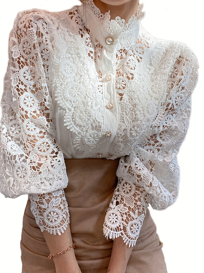 Ladies' Victorian-style Pearl Button Shirt, Lace Puff Sleeve Cute Commuter Casual Top