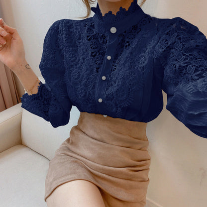 Ladies' Victorian-style Pearl Button Shirt, Lace Puff Sleeve Cute Commuter Casual Top