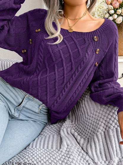 Women's Sweater Round Neck Texture Button Lantern Sleeve Sweater