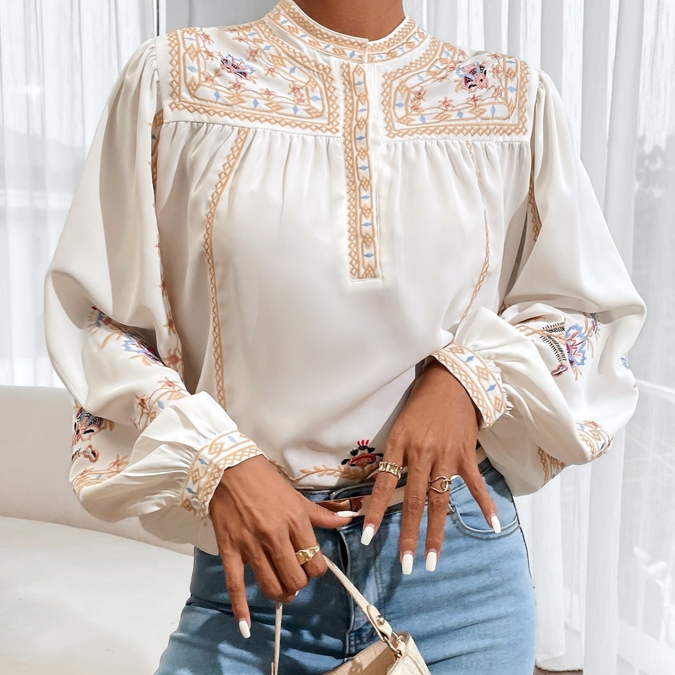 Stunning Embroidered Round Neck Long Sleeve Blouse for Women - Elegant Casual Wear with Delicate Patterns, Soft Fabric, and Comfortable Fit - Perfect for Daily Life, Work, or Special Occasions