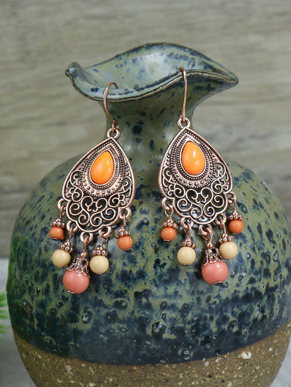 1 Pair Vintage Champagne Geometric Hollow Pendant Turquoise Beaded Tassel Earrings