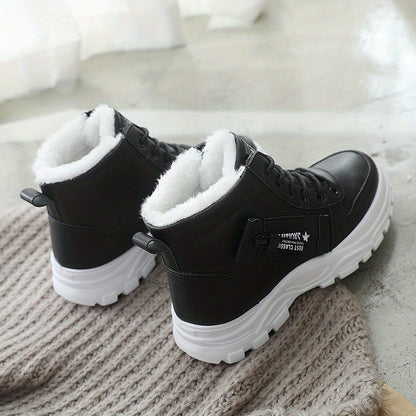 Women'S Winter High-Top Boots - Warm Fleece-Lined Ankle Boots with Thick Rubber Sole, Lace-Up Casual Style, White & Beige, Perfect for Cold Weather Comfort, Winter Boots