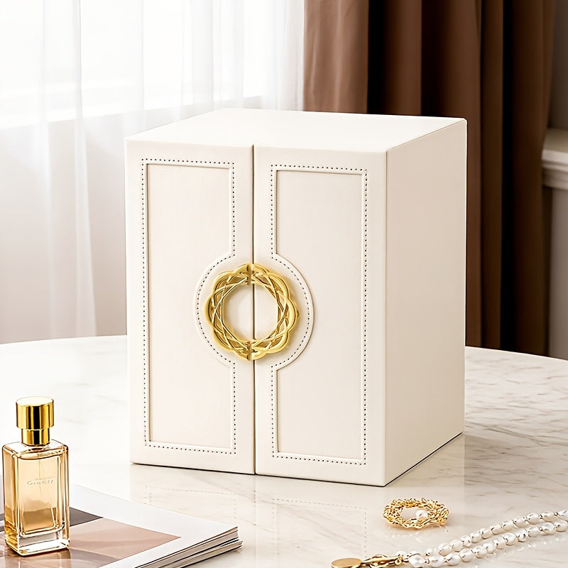 1 Large Faux Leather Jewelry Organizer Box with 5 Drawers & Golden-Tone Handles - Elegant Rectangular Storage for Rings, Necklaces, Bracelets, Earrings, Watches - Soft Fabric-Lined Interior, Side Door Access, Textured Finish
