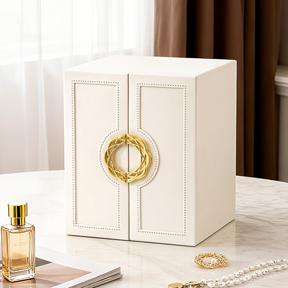 1 Large Faux Leather Jewelry Organizer Box with 5 Drawers & Golden-Tone Handles - Elegant Rectangular Storage for Rings, Necklaces, Bracelets, Earrings, Watches - Soft Fabric-Lined Interior, Side Door Access, Textured Finish