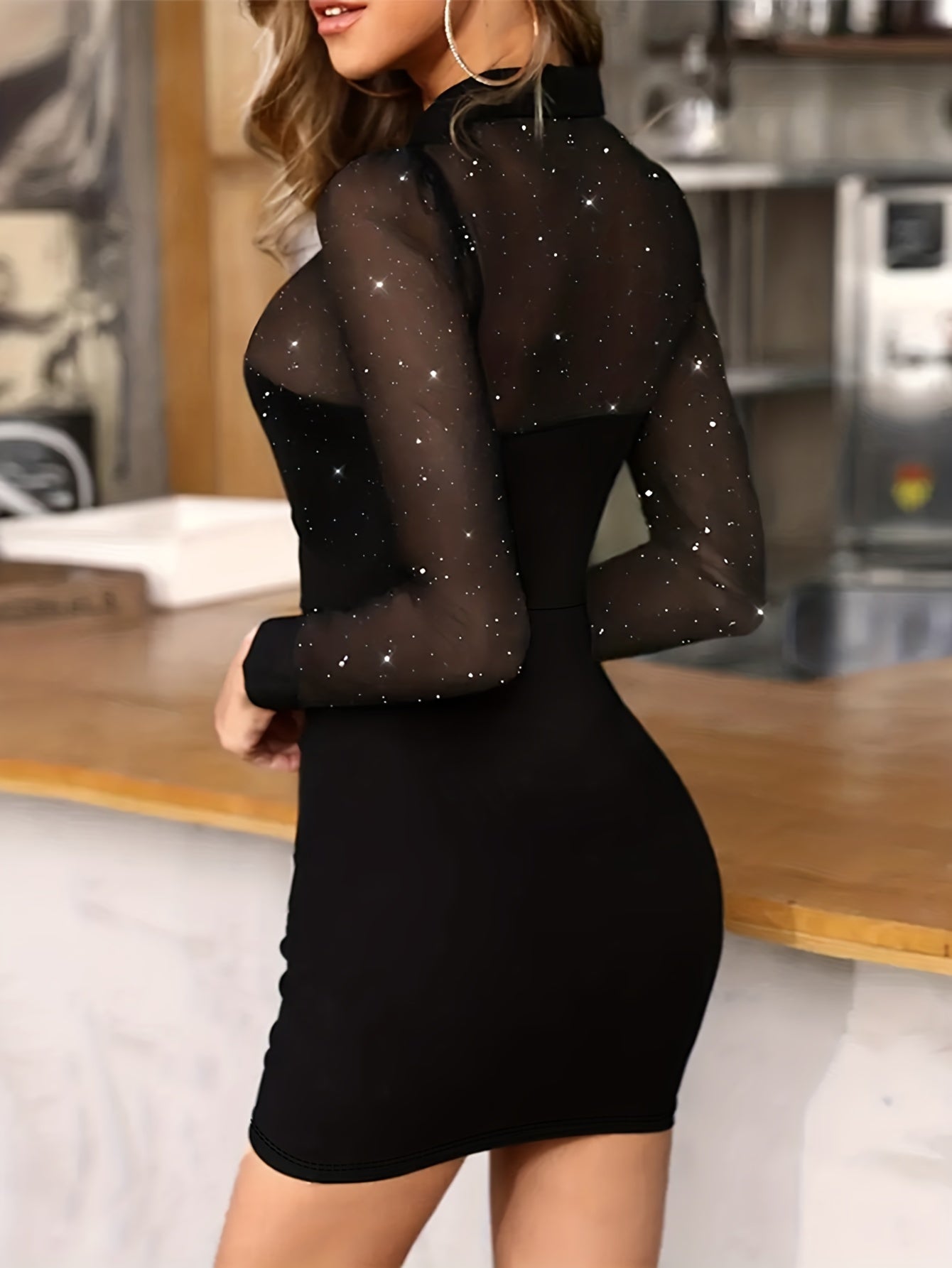 Golden Mesh Long-sleeve Dress