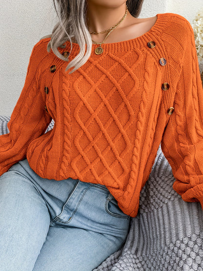 Women's Sweater Round Neck Texture Button Lantern Sleeve Sweater