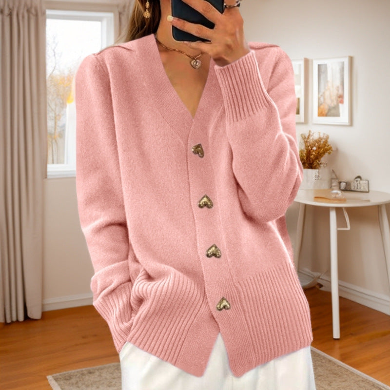 V-neck Knitted Sweater With Love Button Fashion Solid Long-sleeved Cardigan Spring And Autumn Women's Clothing