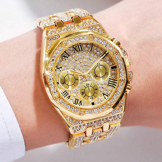 Luxury Golden-Tone Women's Rhinestone Watch with Roman Numerals, Quartz Movement, and Sparkling Bezel - Elegant Business Style Analog Display, Formal Timepiece | Classic Elegance | Durable Bracelet