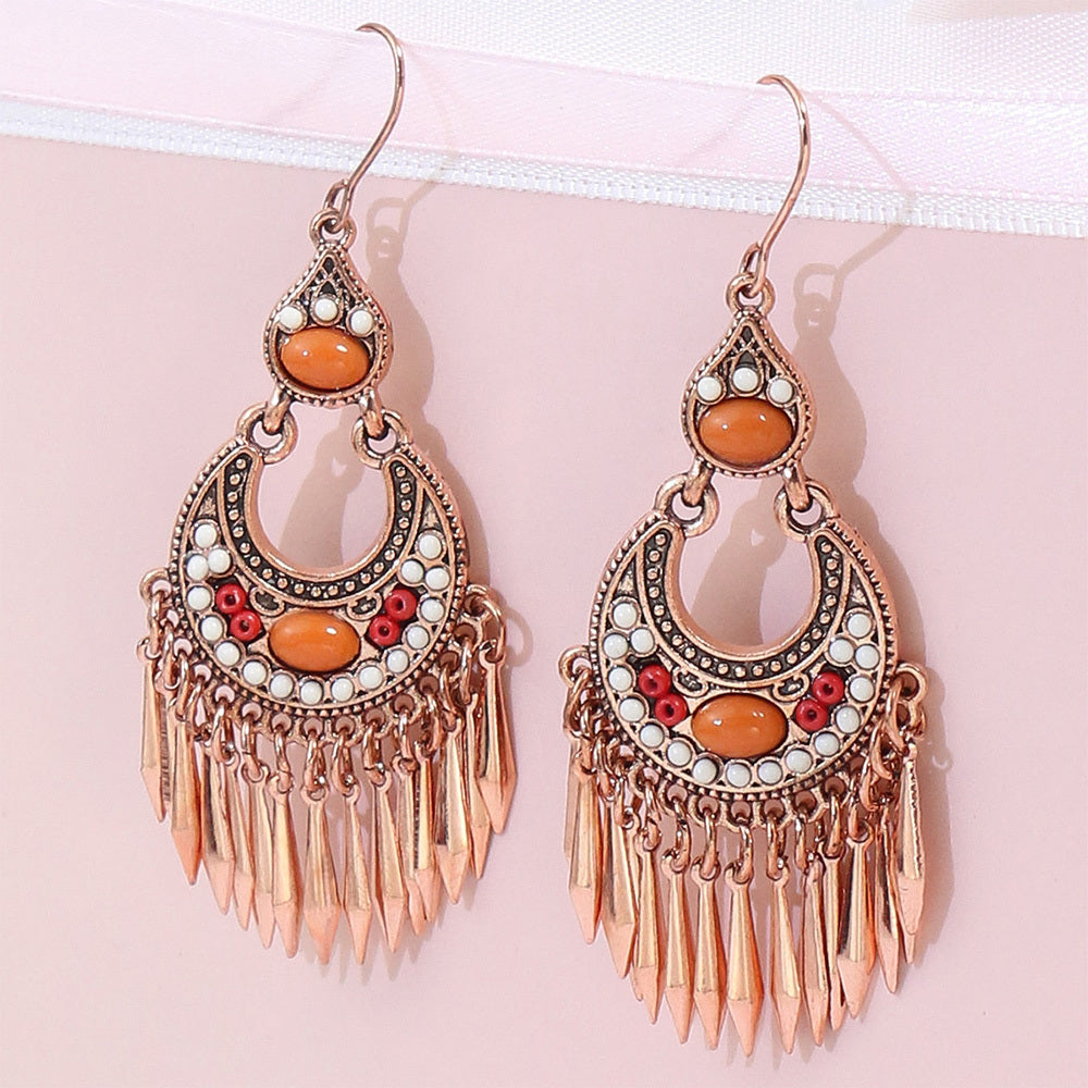 1 Pair Vintage Champagne Geometric Hollow Pendant Turquoise Beaded Tassel Earrings