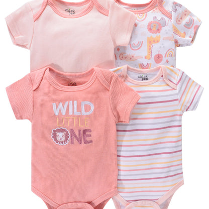 Newborn Baby Short Sleeve One-Piece Suit 4pcs Set with Alphabet Print and Embroidery Triangle Climbing Suit Ha Clothes Set 0-9 Months Baby Clothes