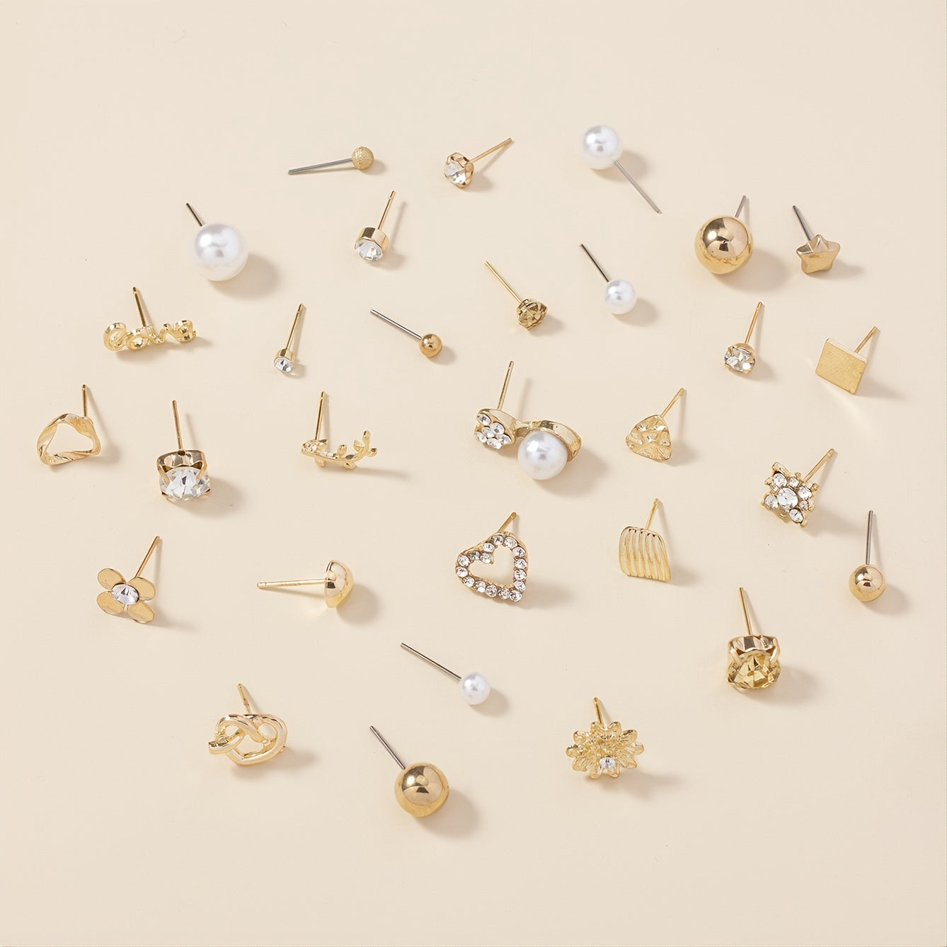 A Set of 30 Pairs of Stylish Alloy Heart-Shaped Faux Gemstone Letter Earrings.