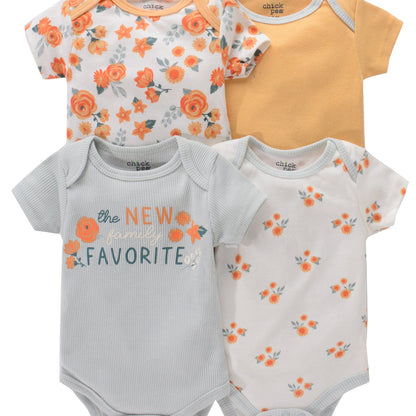 Newborn Baby Short Sleeve One-Piece Suit 4pcs Set with Alphabet Print and Embroidery Triangle Climbing Suit Ha Clothes Set 0-9 Months Baby Clothes