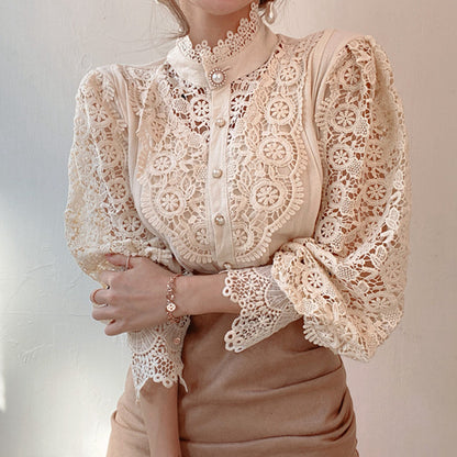 Ladies' Victorian-style Pearl Button Shirt, Lace Puff Sleeve Cute Commuter Casual Top