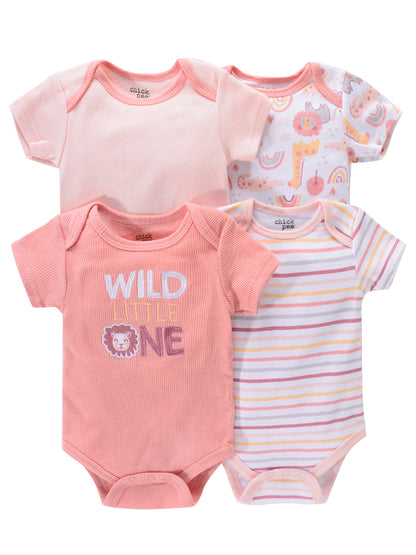 Newborn Baby Short Sleeve One-Piece Suit 4pcs Set with Alphabet Print and Embroidery Triangle Climbing Suit Ha Clothes Set 0-9 Months Baby Clothes