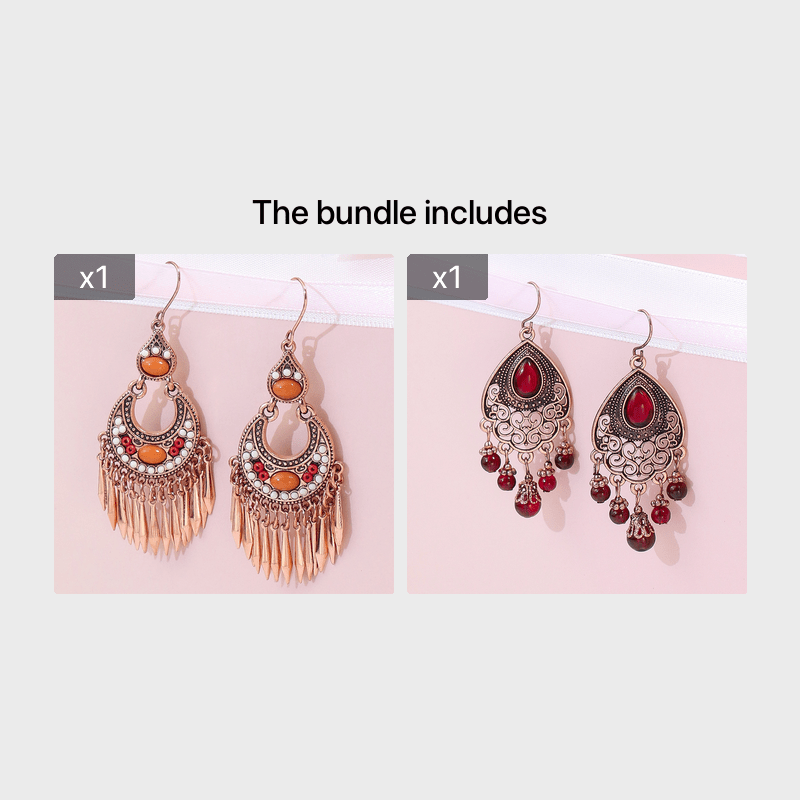 1 Pair Vintage Champagne Geometric Hollow Pendant Turquoise Beaded Tassel Earrings