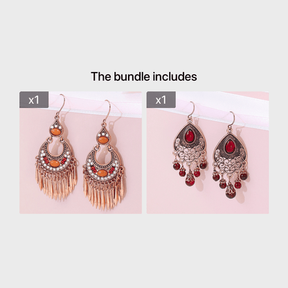 1 Pair Vintage Champagne Geometric Hollow Pendant Turquoise Beaded Tassel Earrings