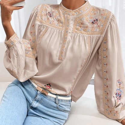 Stunning Embroidered Round Neck Long Sleeve Blouse for Women - Elegant Casual Wear with Delicate Patterns, Soft Fabric, and Comfortable Fit - Perfect for Daily Life, Work, or Special Occasions