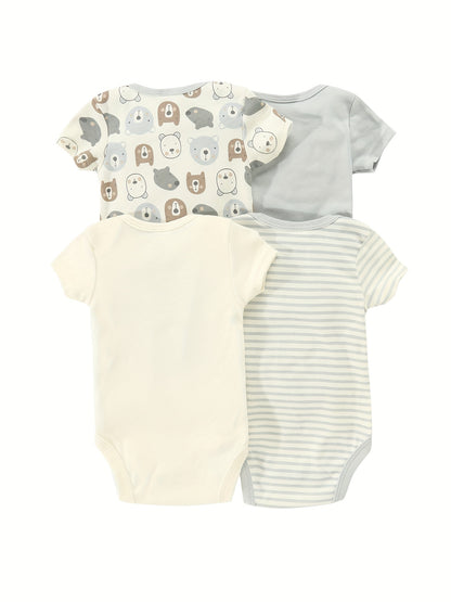 Newborn Baby Short Sleeve One-Piece Suit 4pcs Set with Alphabet Print and Embroidery Triangle Climbing Suit Ha Clothes Set 0-9 Months Baby Clothes