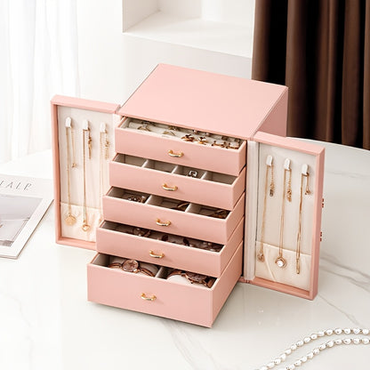 1 Large Faux Leather Jewelry Organizer Box with 5 Drawers & Golden-Tone Handles - Elegant Rectangular Storage for Rings, Necklaces, Bracelets, Earrings, Watches - Soft Fabric-Lined Interior, Side Door Access, Textured Finish