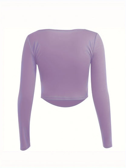 Solid Square Neck Crop T-Shirt, Y2K Long Sleeve Skinny Tee For Spring & Summer, Women's Clothing