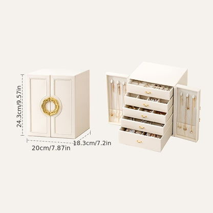 1 Large Faux Leather Jewelry Organizer Box with 5 Drawers & Golden-Tone Handles - Elegant Rectangular Storage for Rings, Necklaces, Bracelets, Earrings, Watches - Soft Fabric-Lined Interior, Side Door Access, Textured Finish