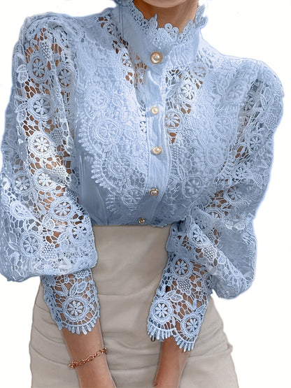 Ladies' Victorian-style Pearl Button Shirt, Lace Puff Sleeve Cute Commuter Casual Top