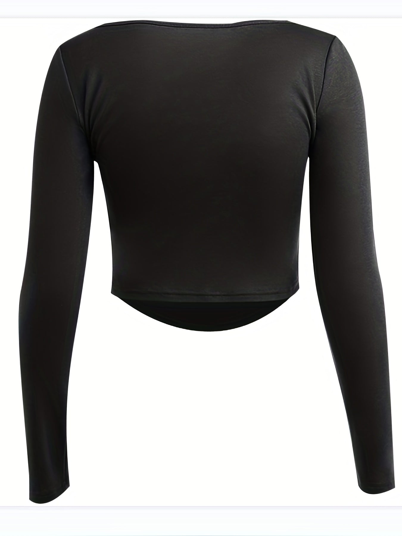 Solid Square Neck Crop T-Shirt, Y2K Long Sleeve Skinny Tee For Spring & Summer, Women's Clothing