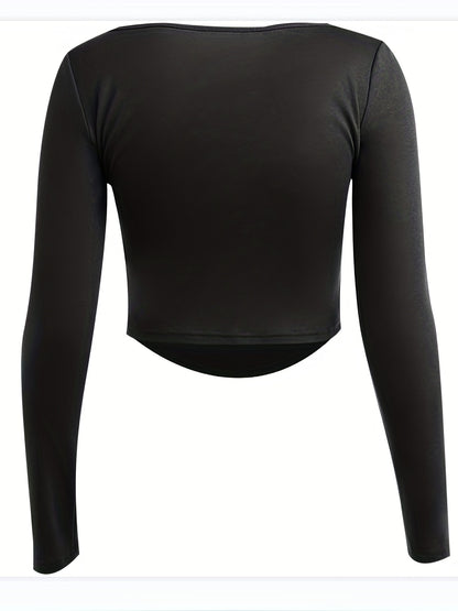 Solid Square Neck Crop T-Shirt, Y2K Long Sleeve Skinny Tee For Spring & Summer, Women's Clothing