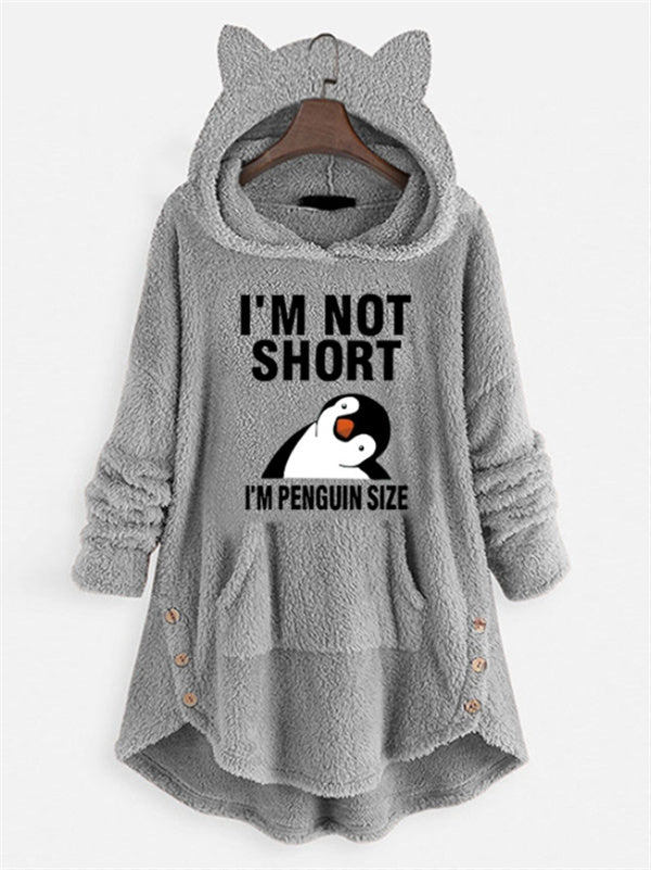 Winter Plush Hooded Sweatshirt - Oversized Casual Pullover with Cartoon Penguin Graphic & "I'm Not Short I'm Penguin Size" Text, 100% Polyester, Machine Washable, Grey