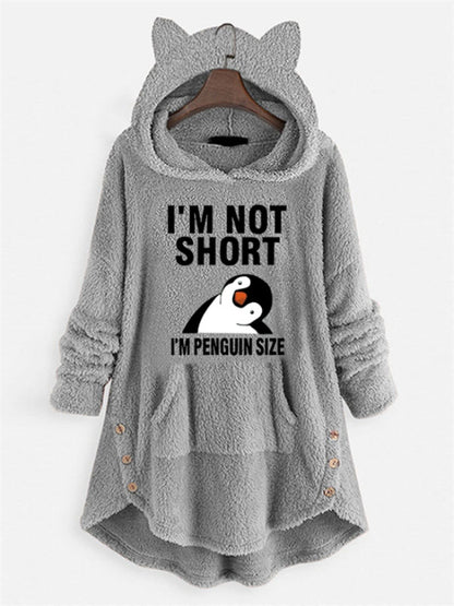 Winter Plush Hooded Sweatshirt - Oversized Casual Pullover with Cartoon Penguin Graphic & "I'm Not Short I'm Penguin Size" Text, 100% Polyester, Machine Washable, Grey