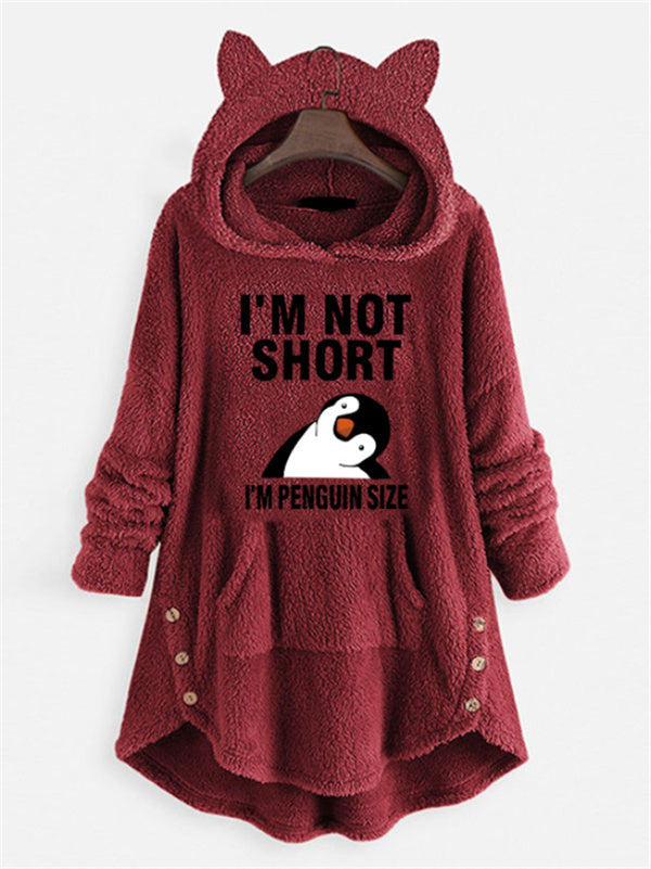 Winter Plush Hooded Sweatshirt - Oversized Casual Pullover with Cartoon Penguin Graphic & "I'm Not Short I'm Penguin Size" Text, 100% Polyester, Machine Washable, Grey
