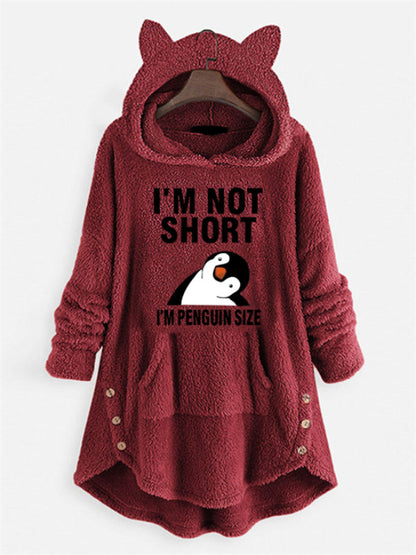 Winter Plush Hooded Sweatshirt - Oversized Casual Pullover with Cartoon Penguin Graphic & "I'm Not Short I'm Penguin Size" Text, 100% Polyester, Machine Washable, Grey