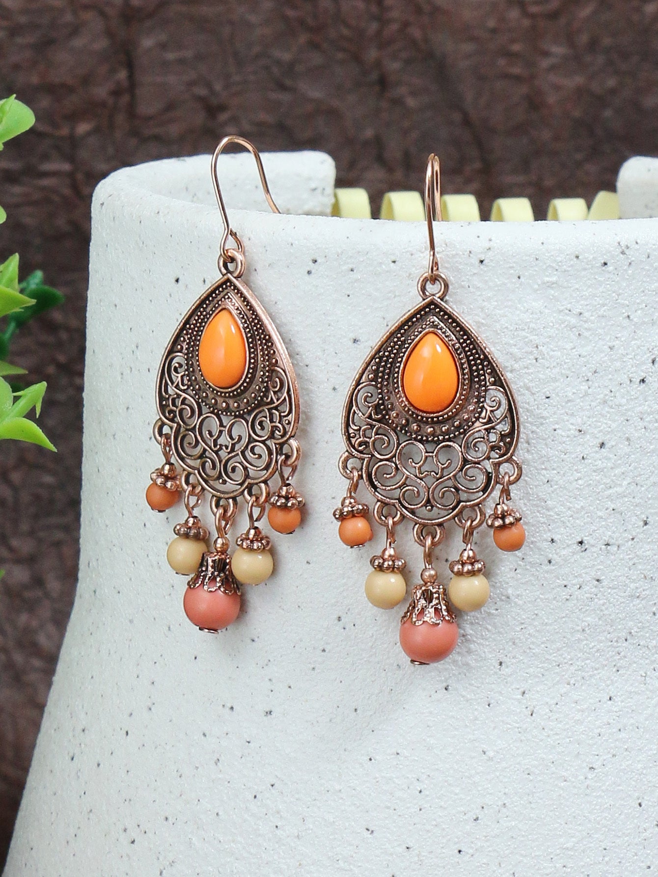 1 Pair Vintage Champagne Geometric Hollow Pendant Turquoise Beaded Tassel Earrings