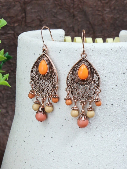 1 Pair Vintage Champagne Geometric Hollow Pendant Turquoise Beaded Tassel Earrings